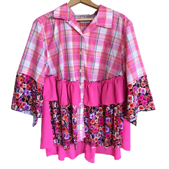 Handmade Upcycled Boho Tunic, Size Large: Pink Ruffled Patchwork Top - Picture 4 of 13